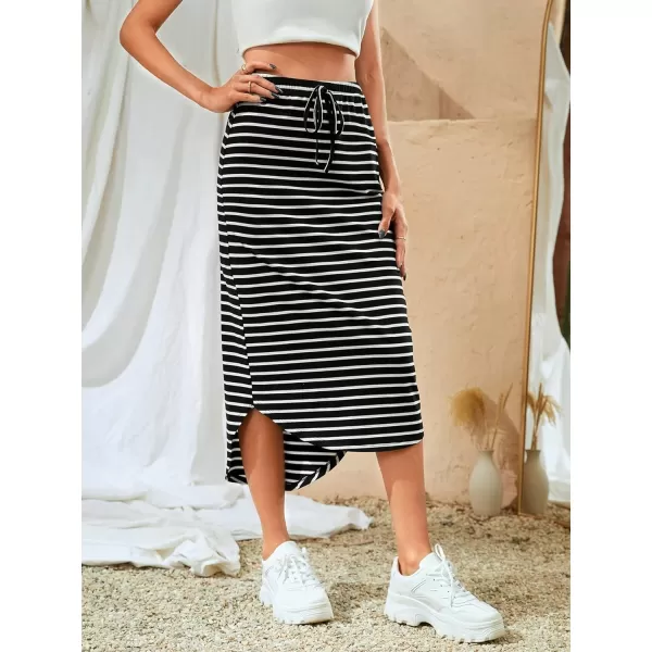 SweatyRocks Women's Causal High Waist Midi Skirt Drawstring Solid Athletic Skirt with Pockets