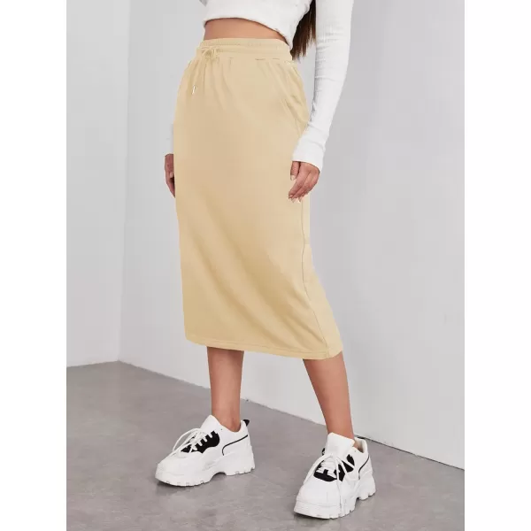 SweatyRocks Women's Causal High Waist Midi Skirt Drawstring Solid Athletic Skirt with Pockets