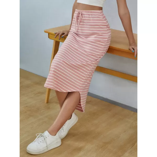SweatyRocks Women's Causal High Waist Midi Skirt Drawstring Solid Athletic Skirt with Pockets