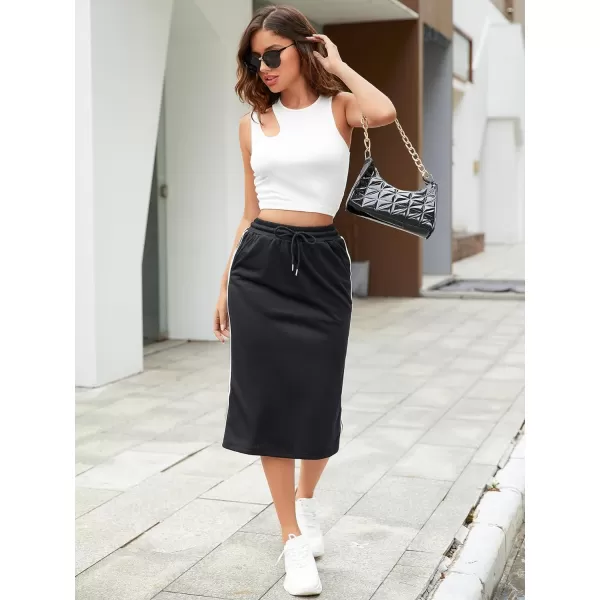 SweatyRocks Women's Causal High Waist Midi Skirt Drawstring Solid Athletic Skirt with Pockets