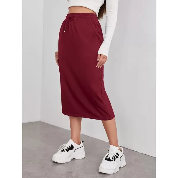 SweatyRocks Women's Causal High Waist Midi Skirt Drawstring Solid Athletic Skirt with Pockets