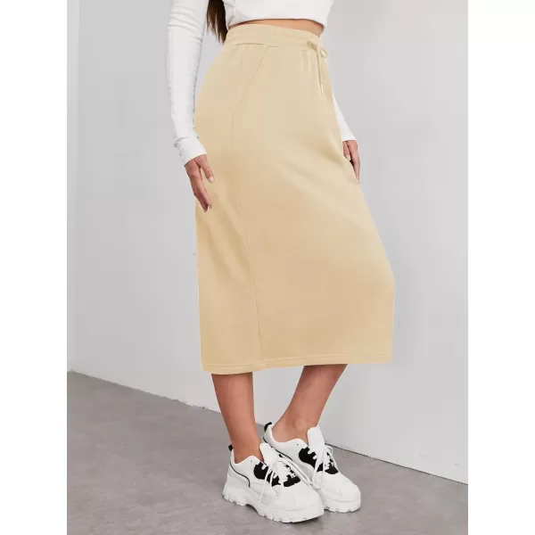 SweatyRocks Women's Causal High Waist Midi Skirt Drawstring Solid Athletic Skirt with Pockets
