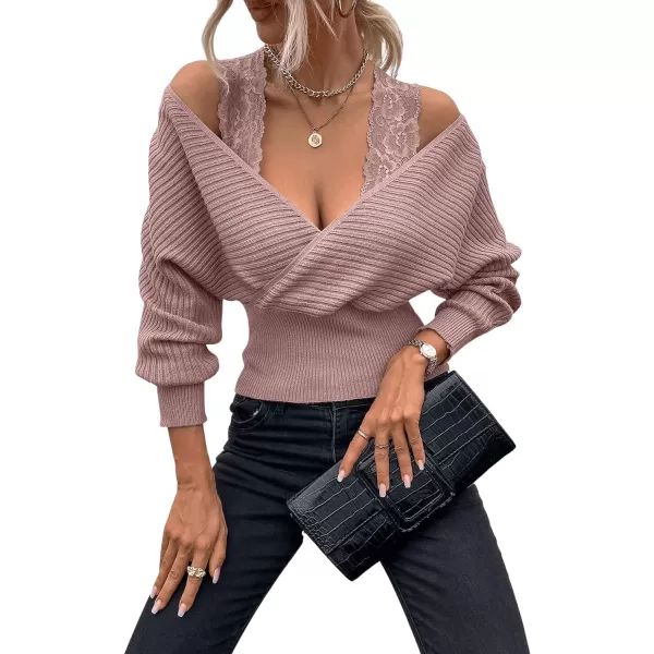 SweatyRocks Women's Cold Shoulder Dolman Long Sleeve Wrap Front Sweater Contrast Lace Knitted Pullover Top