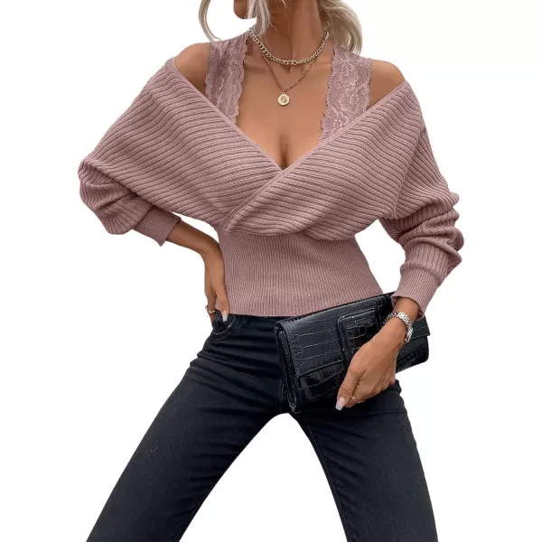 SweatyRocks Women's Cold Shoulder Dolman Long Sleeve Wrap Front Sweater Contrast Lace Knitted Pullover Top