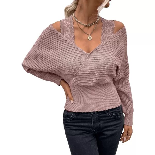 SweatyRocks Women's Cold Shoulder Dolman Long Sleeve Wrap Front Sweater Contrast Lace Knitted Pullover Top