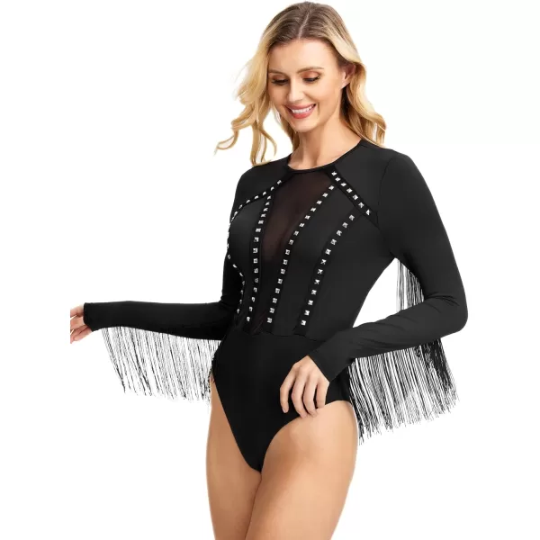 SweatyRocks Women's Cold Shoulder Fringe Long Sleeve Sheer Mesh Jumpsuit Bodysuit