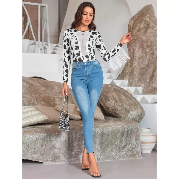 SweatyRocks Women's Cold Shoulder Fringe Long Sleeve Sheer Mesh Jumpsuit Bodysuit