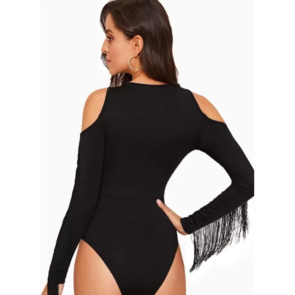 SweatyRocks Women's Cold Shoulder Fringe Long Sleeve Sheer Mesh Jumpsuit Bodysuit