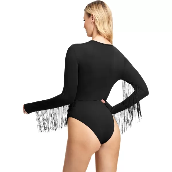 SweatyRocks Women's Cold Shoulder Fringe Long Sleeve Sheer Mesh Jumpsuit Bodysuit