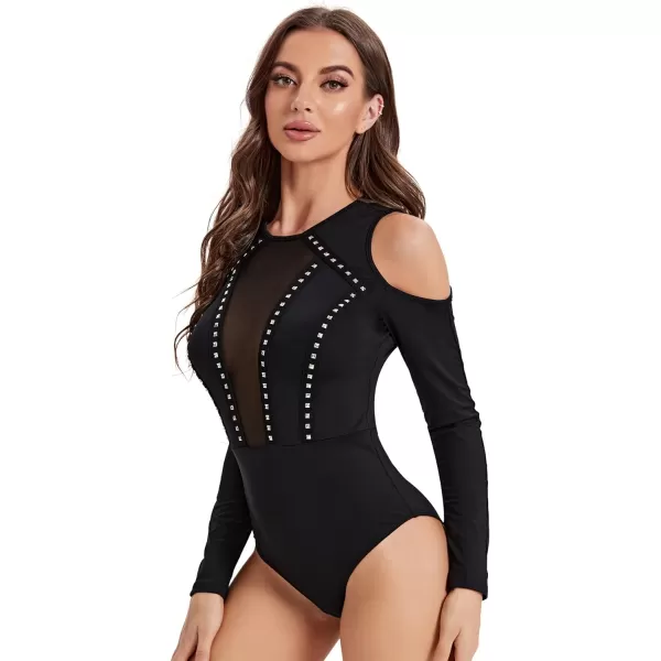 SweatyRocks Women's Cold Shoulder Fringe Long Sleeve Sheer Mesh Jumpsuit Bodysuit