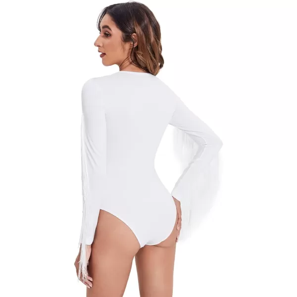 SweatyRocks Women's Cold Shoulder Fringe Long Sleeve Sheer Mesh Jumpsuit Bodysuit