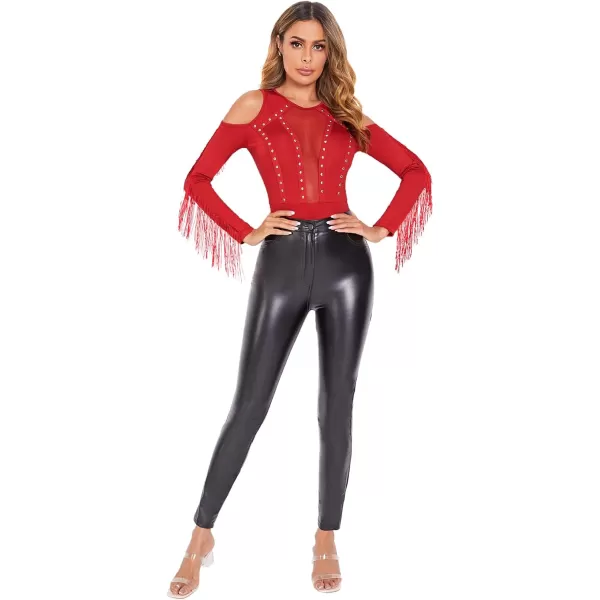 SweatyRocks Women's Cold Shoulder Fringe Long Sleeve Sheer Mesh Jumpsuit Bodysuit