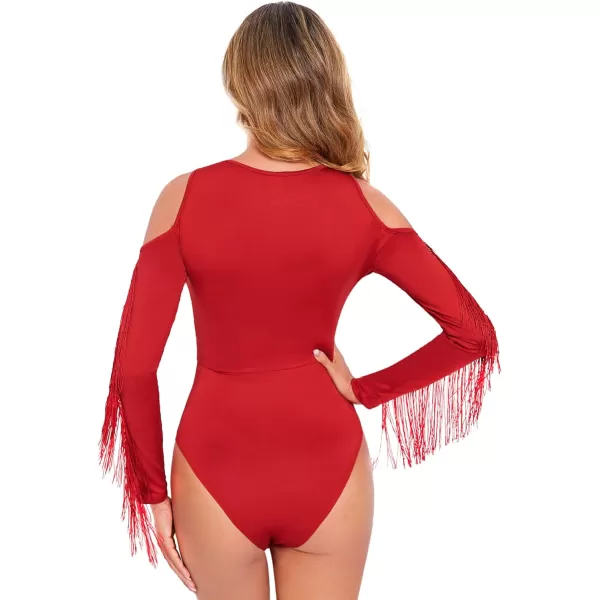 SweatyRocks Women's Cold Shoulder Fringe Long Sleeve Sheer Mesh Jumpsuit Bodysuit