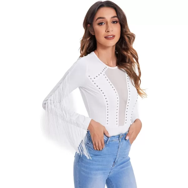 SweatyRocks Women's Cold Shoulder Fringe Long Sleeve Sheer Mesh Jumpsuit Bodysuit