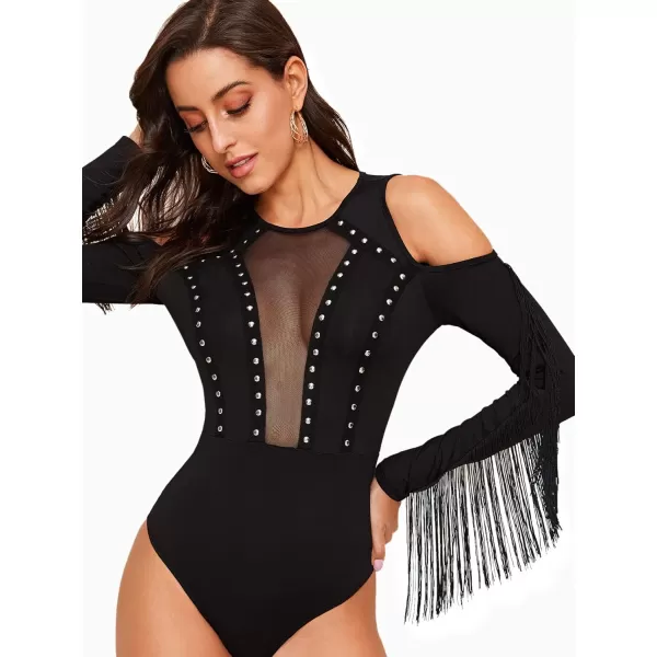 SweatyRocks Women's Cold Shoulder Fringe Long Sleeve Sheer Mesh Jumpsuit Bodysuit