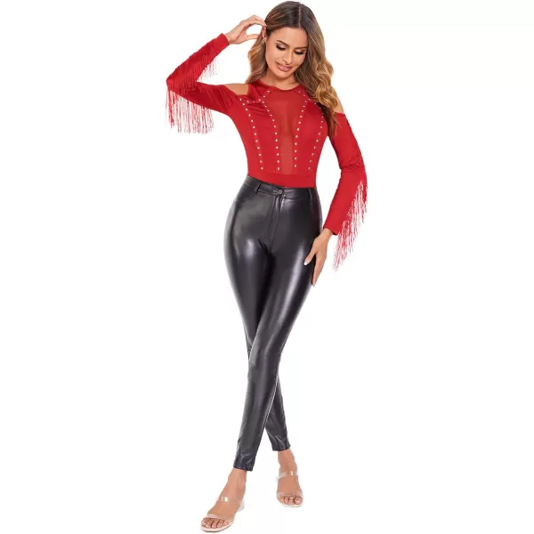 SweatyRocks Women's Cold Shoulder Fringe Long Sleeve Sheer Mesh Jumpsuit Bodysuit