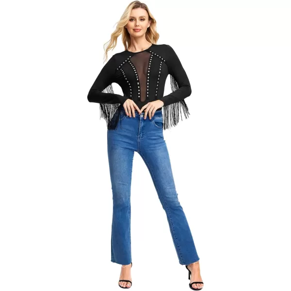 SweatyRocks Women's Cold Shoulder Fringe Long Sleeve Sheer Mesh Jumpsuit Bodysuit
