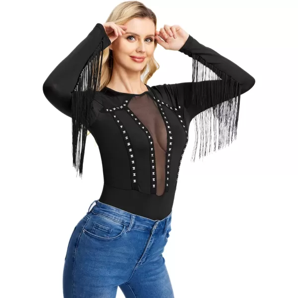 SweatyRocks Women's Cold Shoulder Fringe Long Sleeve Sheer Mesh Jumpsuit Bodysuit