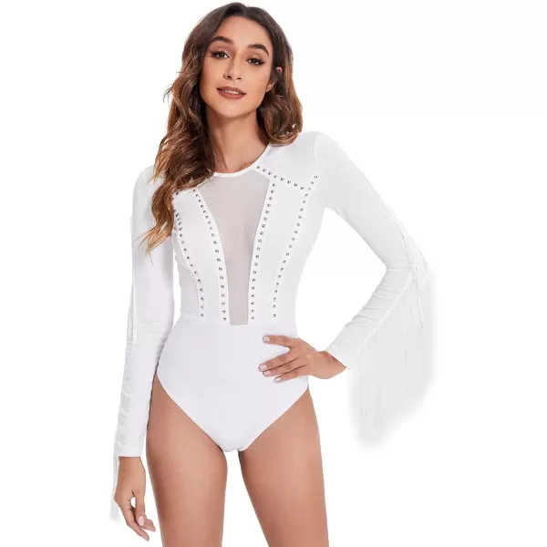 SweatyRocks Women's Cold Shoulder Fringe Long Sleeve Sheer Mesh Jumpsuit Bodysuit