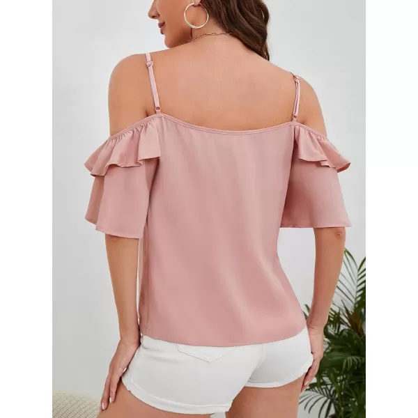 SweatyRocks Women's Cold Shoulder Ruffle Trim Blouse Half Sleeve Tie Front Shirts