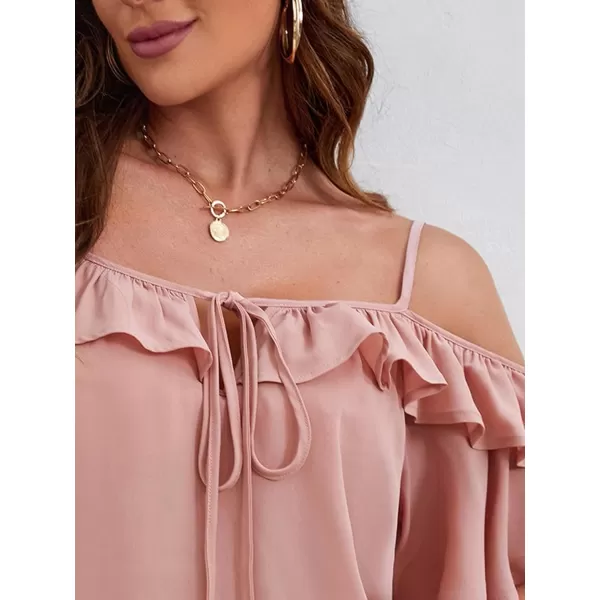 SweatyRocks Women's Cold Shoulder Ruffle Trim Blouse Half Sleeve Tie Front Shirts