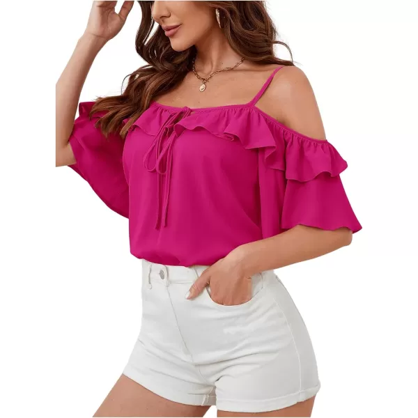 SweatyRocks Women's Cold Shoulder Ruffle Trim Blouse Half Sleeve Tie Front Shirts