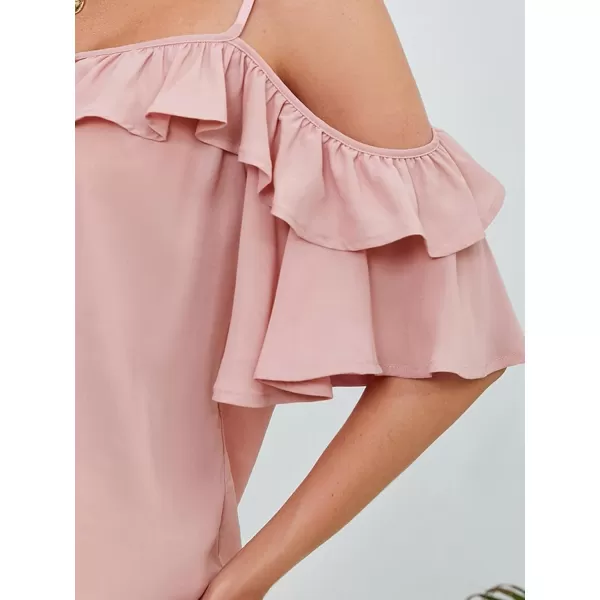SweatyRocks Women's Cold Shoulder Ruffle Trim Blouse Half Sleeve Tie Front Shirts