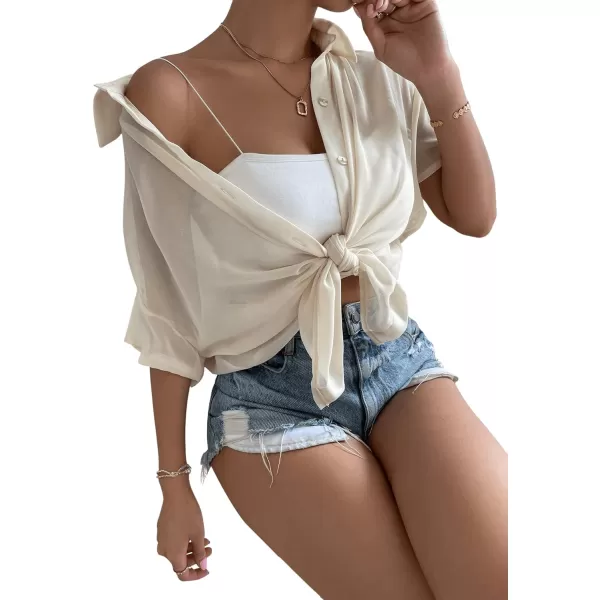 SweatyRocks Women's Collared Half Sleeve Button Down Shirt Casual Sheer Blouse Top