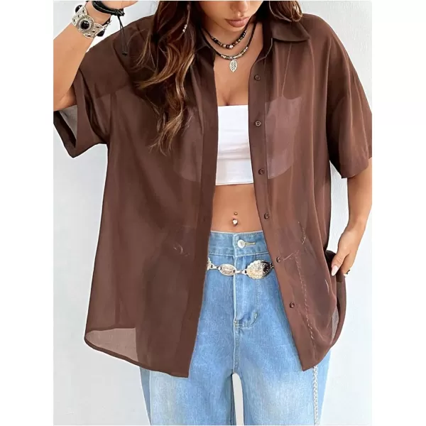 SweatyRocks Women's Collared Half Sleeve Button Down Shirt Casual Sheer Blouse Top
