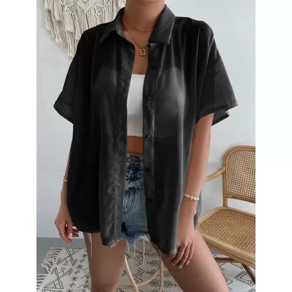 SweatyRocks Women's Collared Half Sleeve Button Down Shirt Casual Sheer Blouse Top