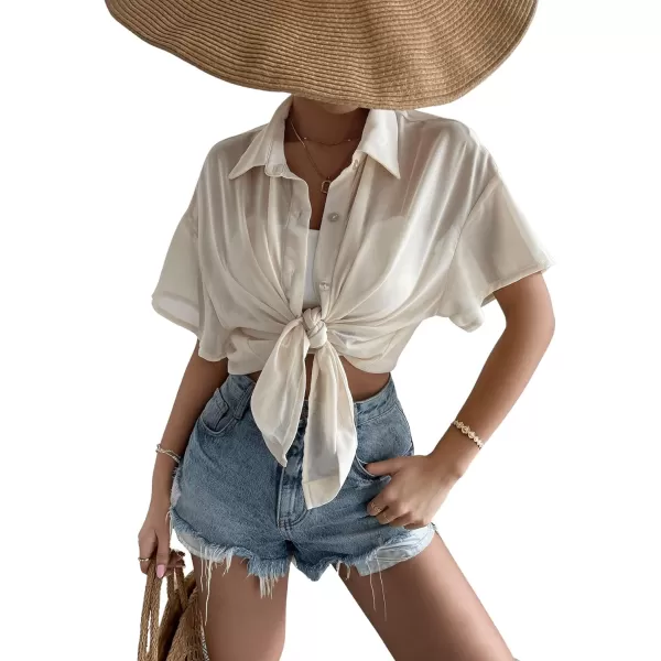 SweatyRocks Women's Collared Half Sleeve Button Down Shirt Casual Sheer Blouse Top