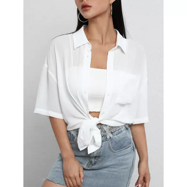 SweatyRocks Women's Collared Half Sleeve Button Down Shirt Casual Sheer Blouse Top