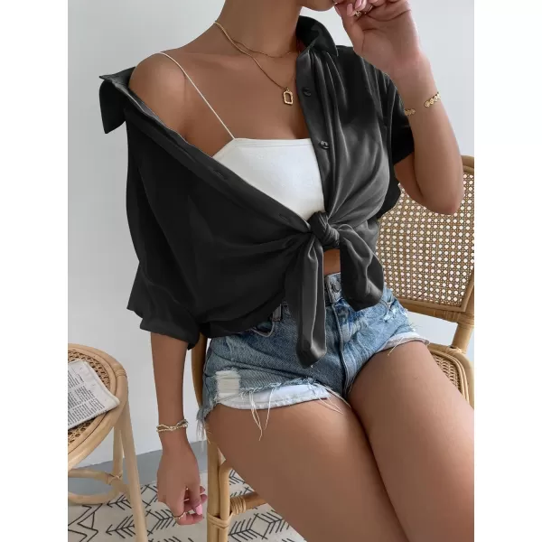SweatyRocks Women's Collared Half Sleeve Button Down Shirt Casual Sheer Blouse Top