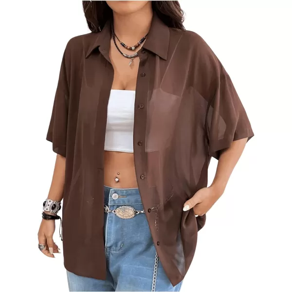 SweatyRocks Women's Collared Half Sleeve Button Down Shirt Casual Sheer Blouse Top