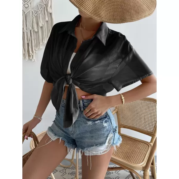 SweatyRocks Women's Collared Half Sleeve Button Down Shirt Casual Sheer Blouse Top