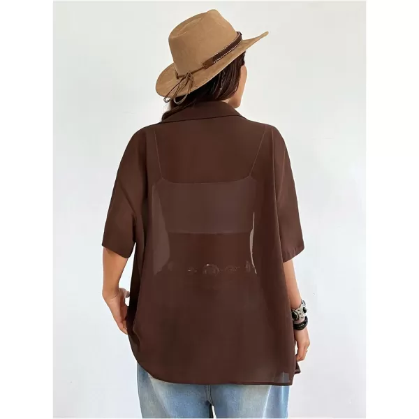 SweatyRocks Women's Collared Half Sleeve Button Down Shirt Casual Sheer Blouse Top