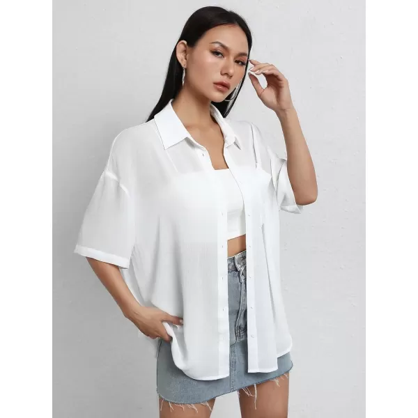 SweatyRocks Women's Collared Half Sleeve Button Down Shirt Casual Sheer Blouse Top