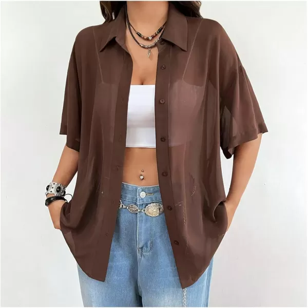 SweatyRocks Women's Collared Half Sleeve Button Down Shirt Casual Sheer Blouse Top