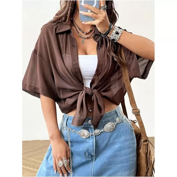 SweatyRocks Women's Collared Half Sleeve Button Down Shirt Casual Sheer Blouse Top