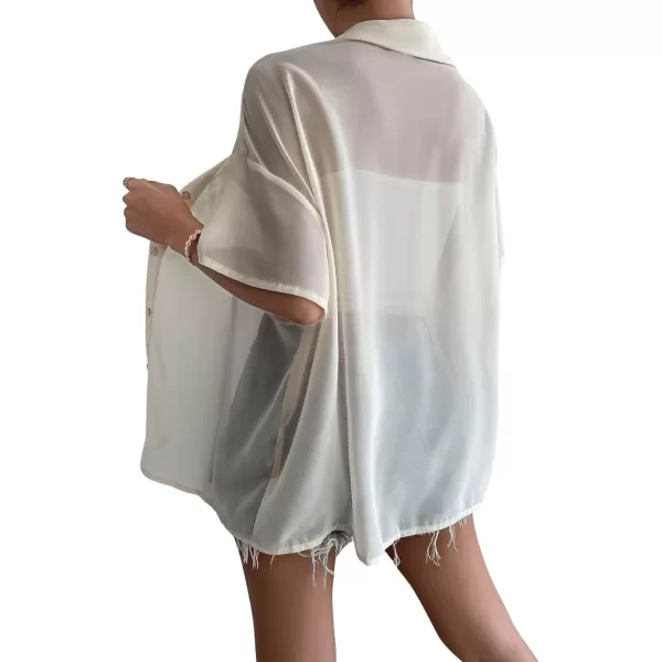 SweatyRocks Women's Collared Half Sleeve Button Down Shirt Casual Sheer Blouse Top