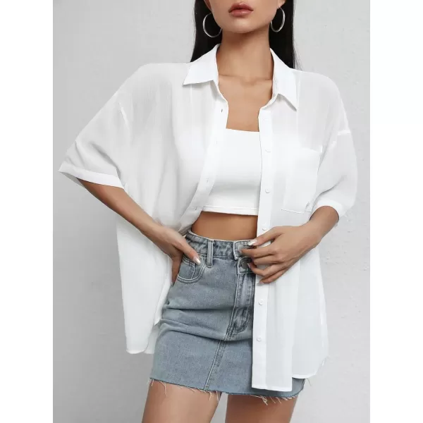 SweatyRocks Women's Collared Half Sleeve Button Down Shirt Casual Sheer Blouse Top