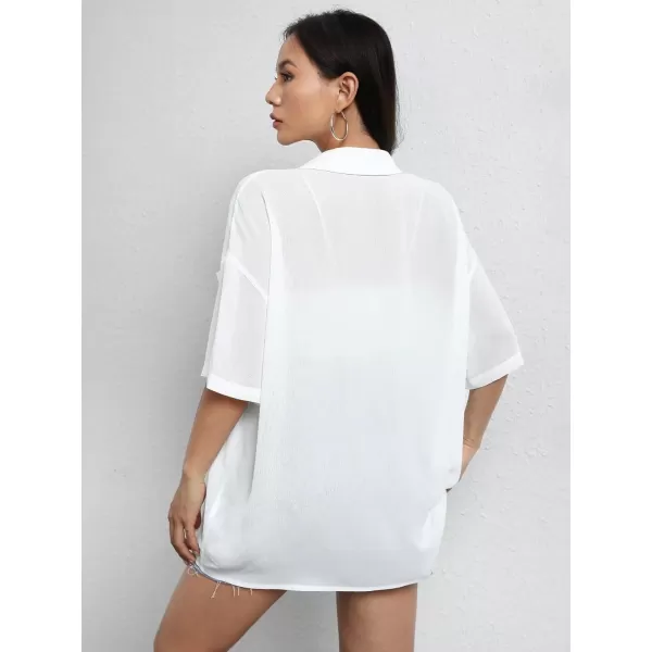 SweatyRocks Women's Collared Half Sleeve Button Down Shirt Casual Sheer Blouse Top