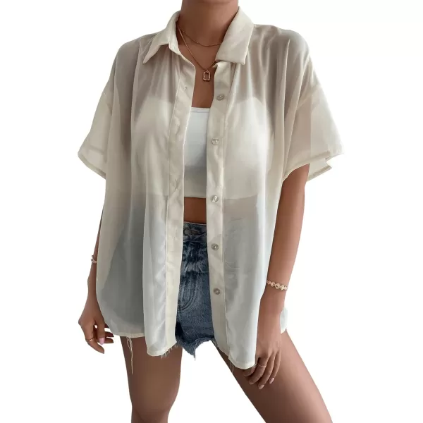 SweatyRocks Women's Collared Half Sleeve Button Down Shirt Casual Sheer Blouse Top