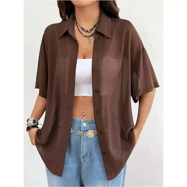 SweatyRocks Women's Collared Half Sleeve Button Down Shirt Casual Sheer Blouse Top