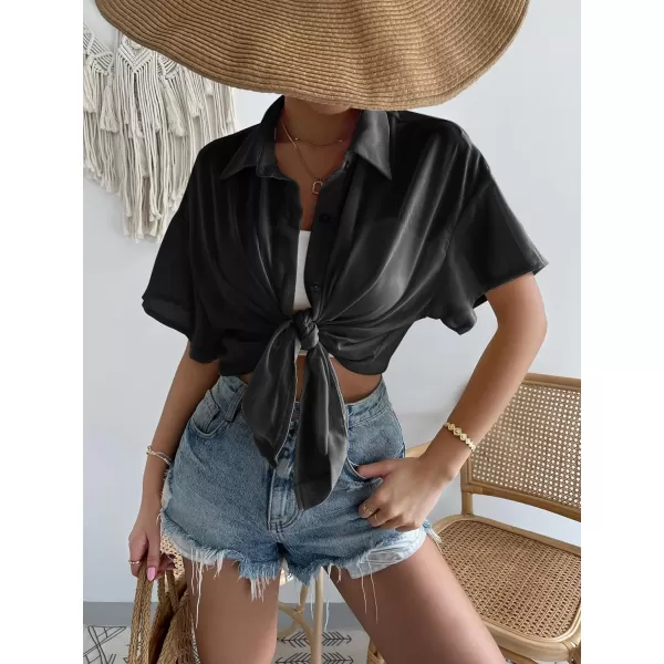 SweatyRocks Women's Collared Half Sleeve Button Down Shirt Casual Sheer Blouse Top