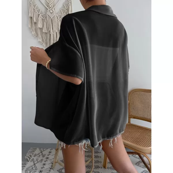 SweatyRocks Women's Collared Half Sleeve Button Down Shirt Casual Sheer Blouse Top
