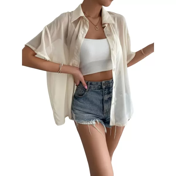 SweatyRocks Women's Collared Half Sleeve Button Down Shirt Casual Sheer Blouse Top