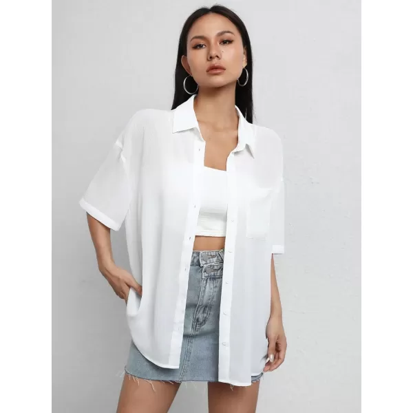 SweatyRocks Women's Collared Half Sleeve Button Down Shirt Casual Sheer Blouse Top