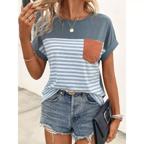 SweatyRocks Women's Color Block Striped Crewneck Tee Casual Roll Up Short Sleeve Pocket T Shirt