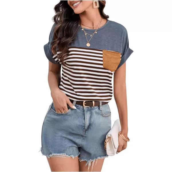 SweatyRocks Women's Color Block Striped Crewneck Tee Casual Roll Up Short Sleeve Pocket T Shirt